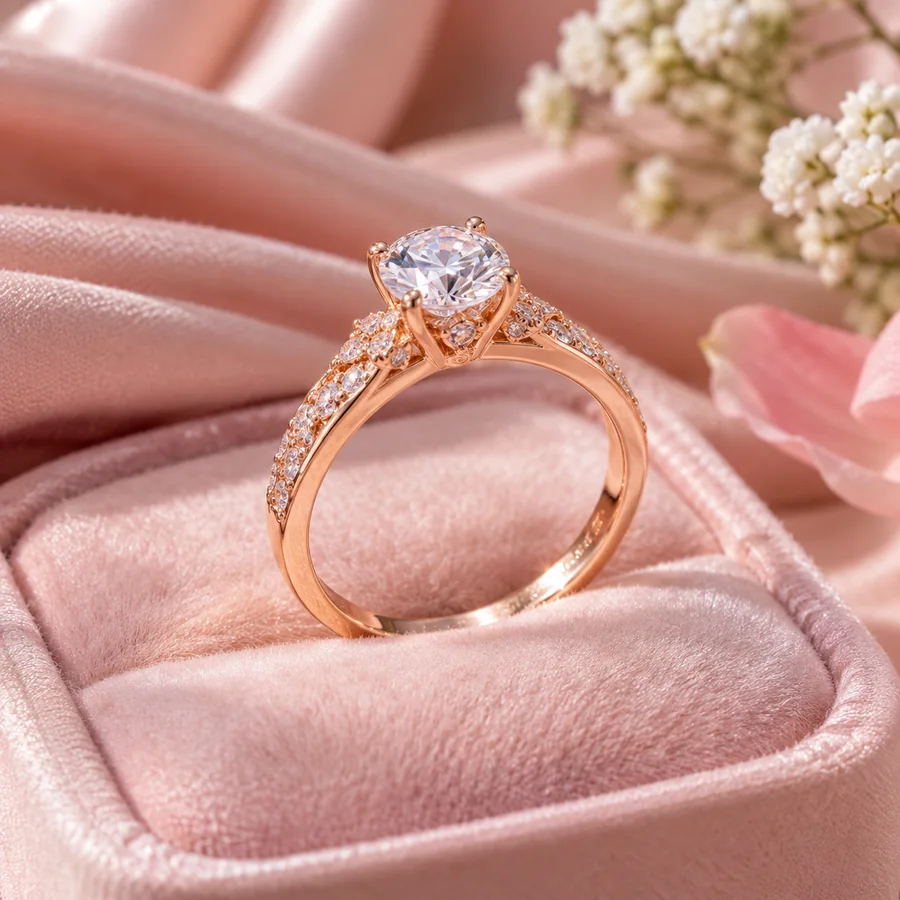Nhẫn cầu hôn vàng hồng đá moissanite