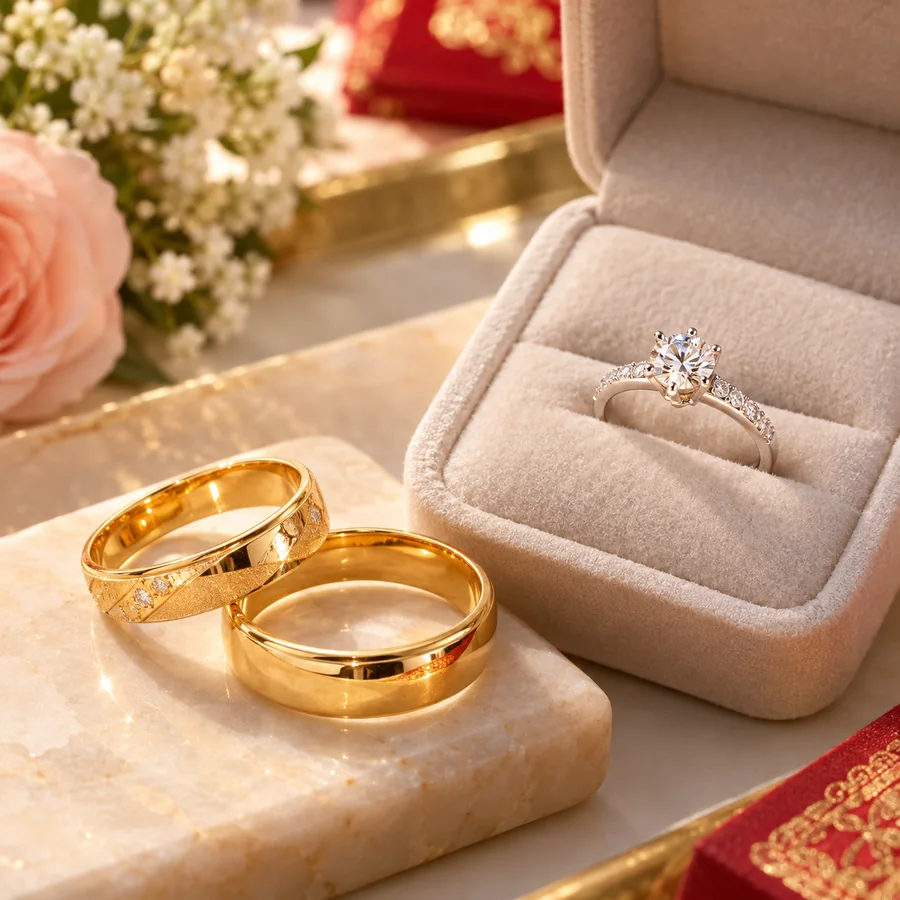 /p>Chất liệuVàng 18K hoặc vàng ta tùy yêu cầuThiết kế theo bộ hoặc đặt riêng Nhẫn đính hôn kim cươngỔ nhẫn cao, tôn đá chính, phù hợp cầu hôn và các dịp quan trọng.Chất liệuVàng trắng hoặc bạch kim, đính đá CZ hoặc kim cươngTùy chọn kiểm định đá theo yêu cầu [/sec