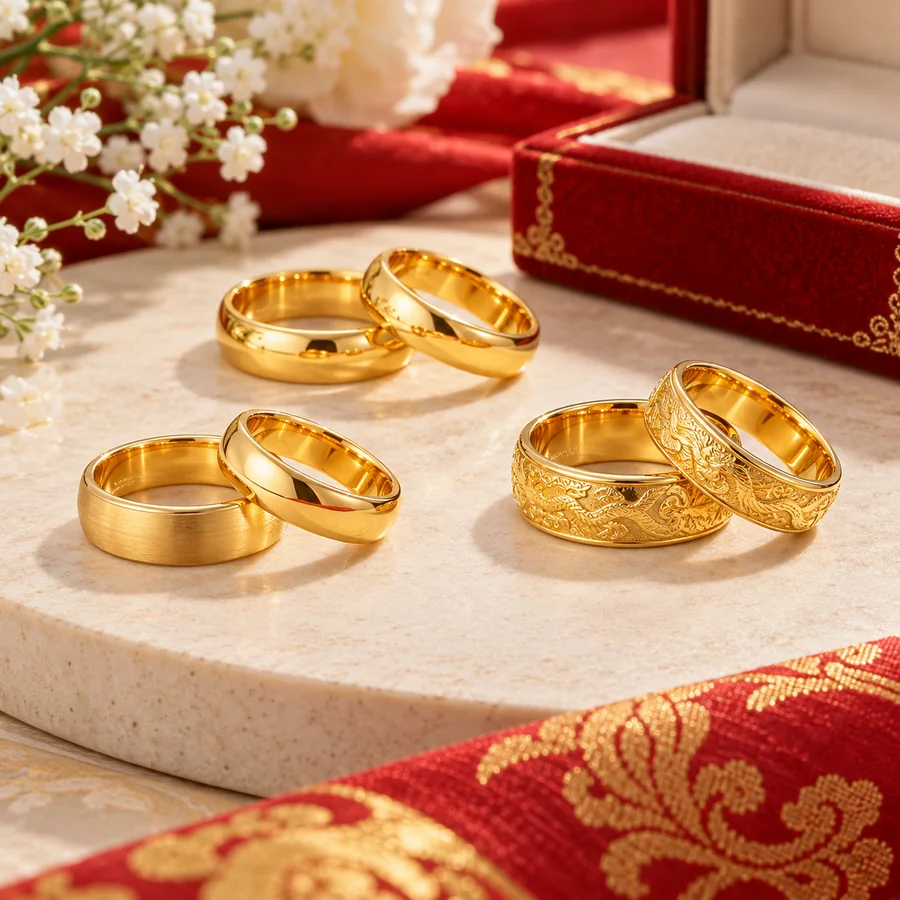 xước.Chất liệuVàng 18K, tuổi vàng 75%Hoàn thiện bóng gương hoặc xước nhám Nhẫn cưới vàng 24KGiữ giá trị vàng theo thời gian, phù hợp làm của hồi môn, dễ quy đổi khi cần.Chất liệuVàng 24K, tuổi vàng 99,9%Chống xỉn màu, giữ ánh vàng tự nhiên [col span="3" span__sm="12" span__md="6