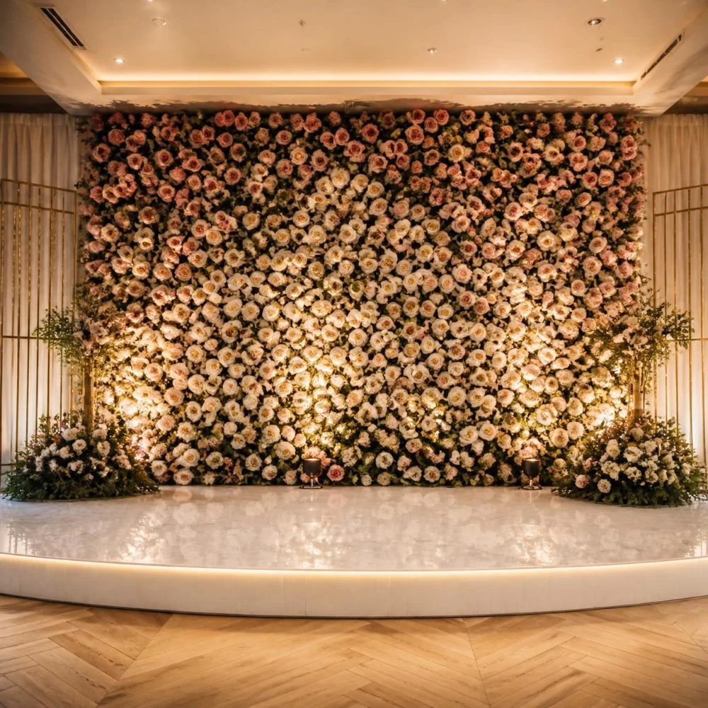 Backdrop hoa sân khấu nhà hàng hồng và trắng