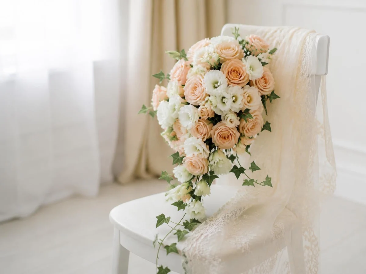 Bó hoa cưới dáng thả hồng đào và cát tường trắng